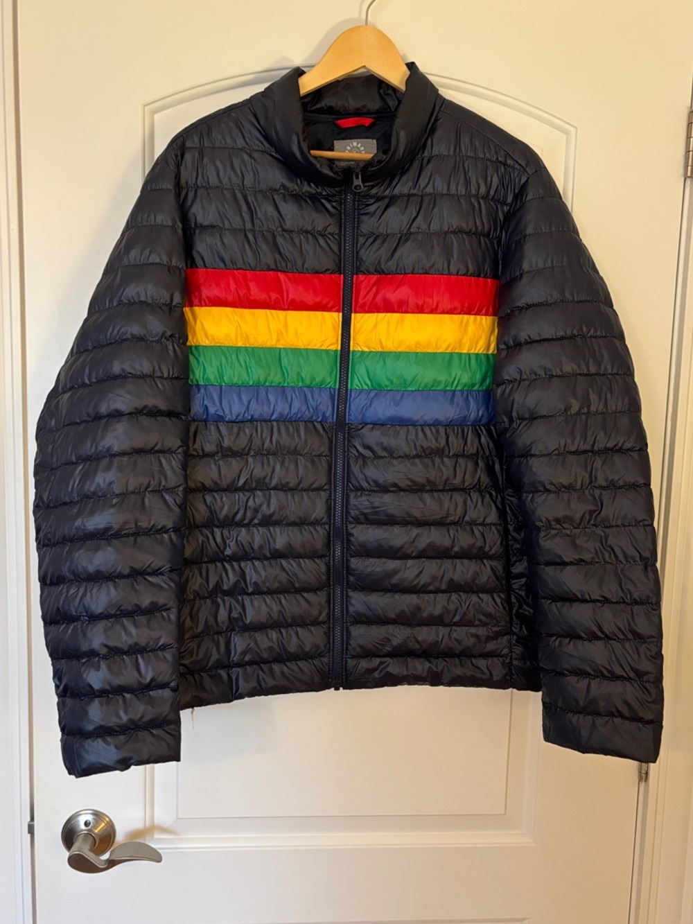 Primary Navy Bold Rainbow Stripe Puffer Jacket Unisex XL EUC